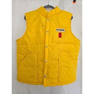 Vtg Michelob Puffer Vest Mens Large Yellow Quilted Sleeveless Full Snap Workwear